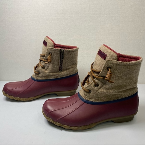 Sperry Saltwater Wool duck boots sz 8 Rubber Side Zip Fleece Lined red tan - Picture 2 of 9